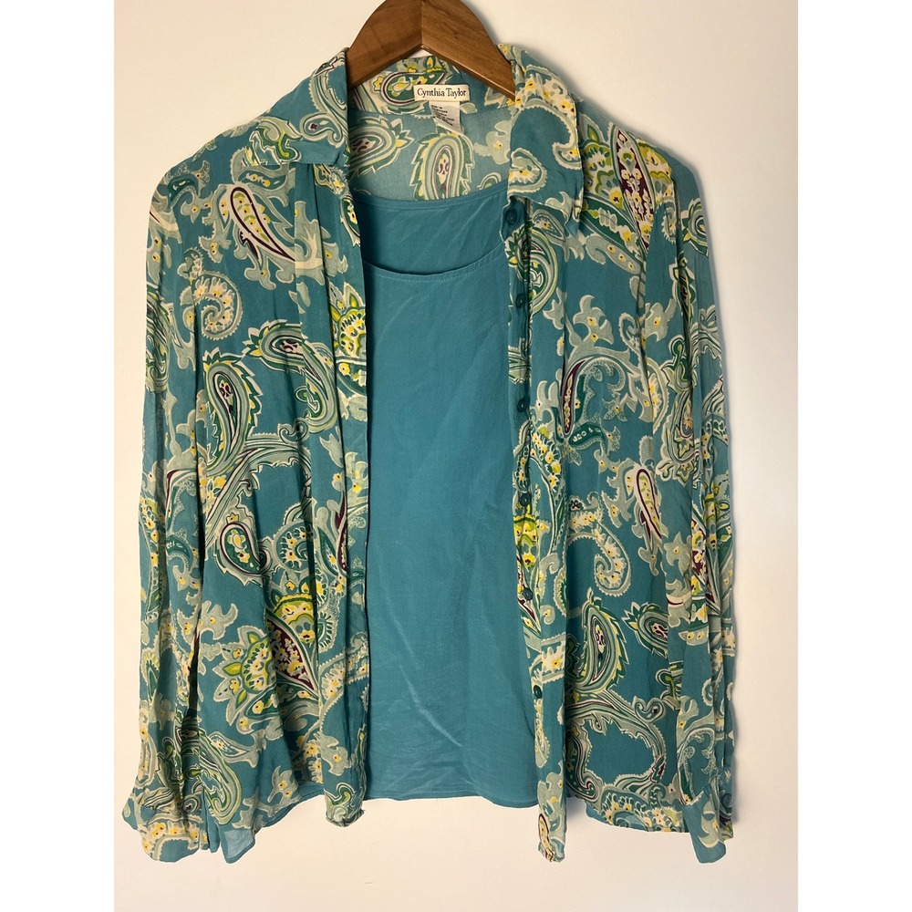 Cynthia Taylor Silk Paisley Blouse Set Wm M Teal Blue 2 Piece Camisole Top Boho